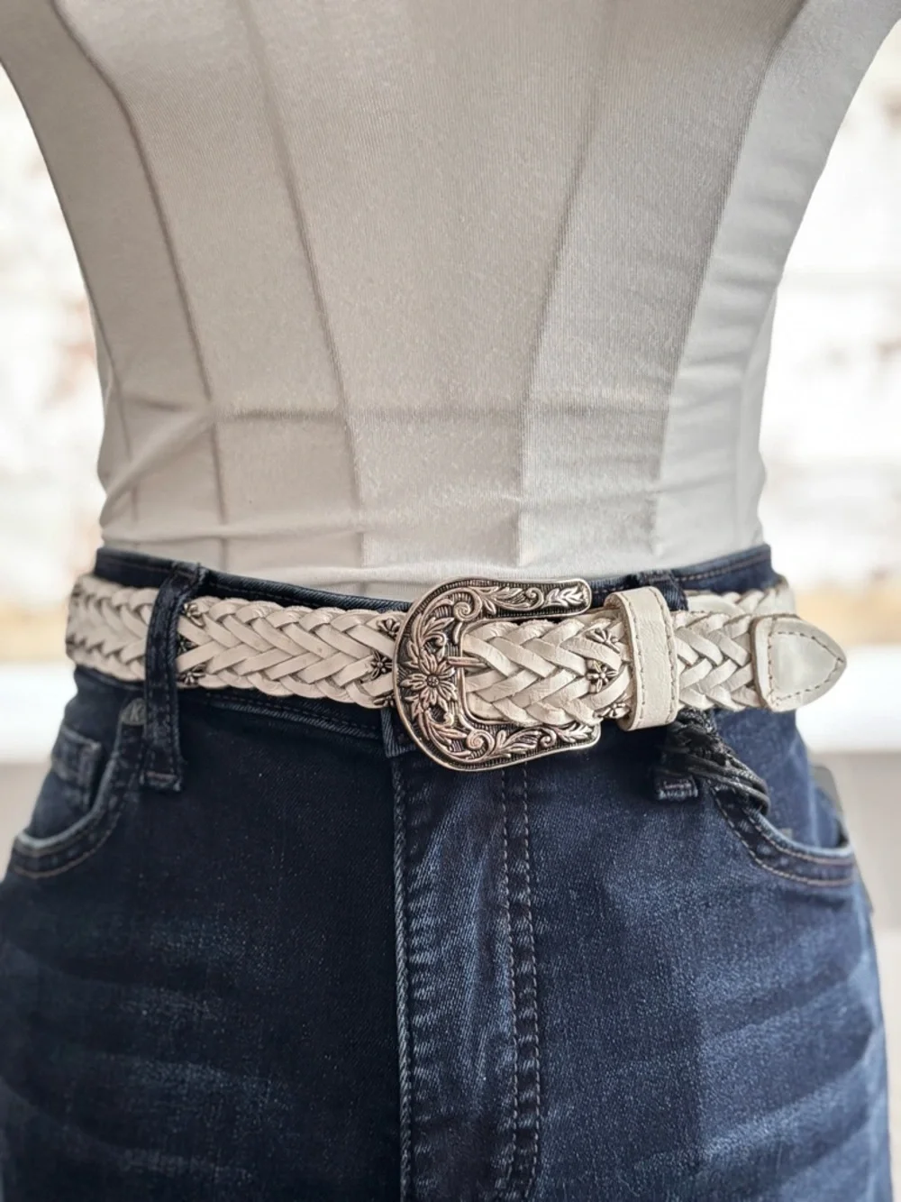 Boho Western Braided Leather Belt White Silver Buckle Anthropologie Style